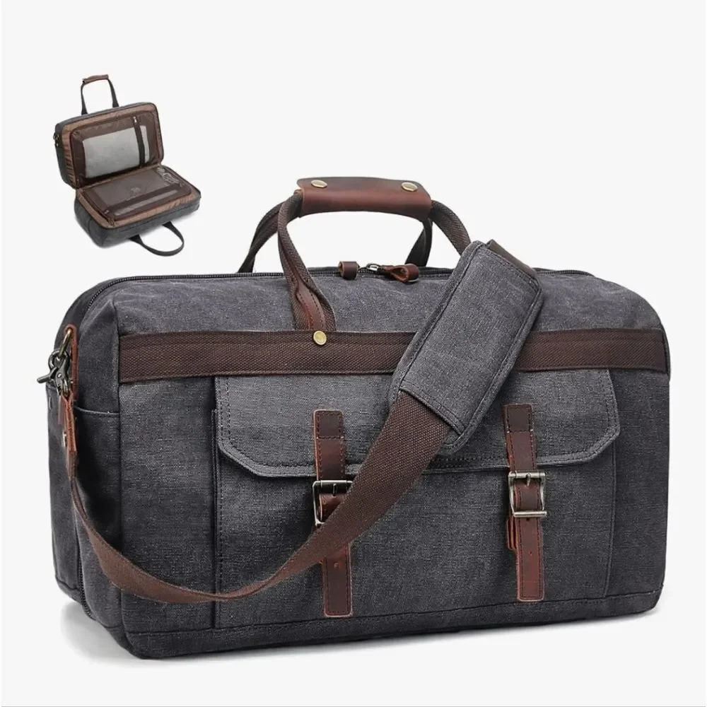 SOAEON Waterproof Genuine Leather Canvas Travel Duffel Weekender Bag Gray Brown